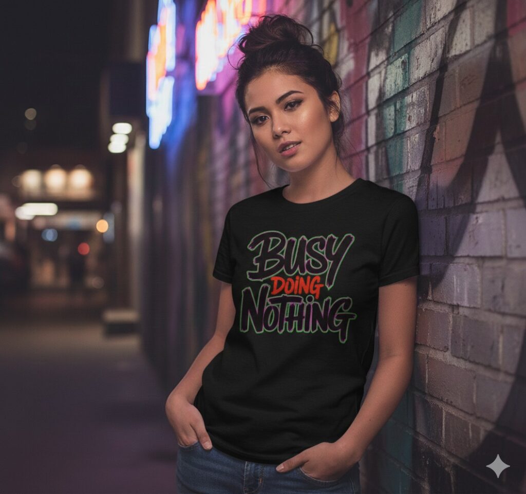 moody t-shirt for woman with slogan "busy doing nothing"