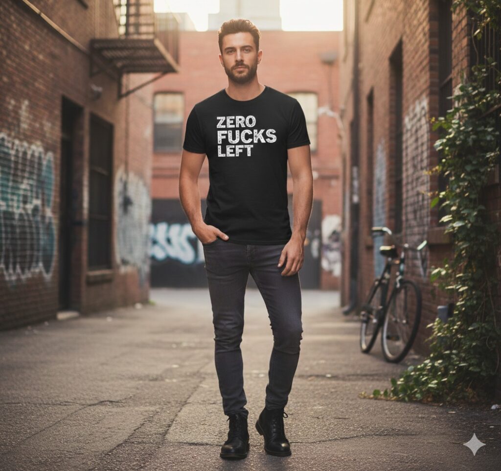 rude tee for male with slogan ZERO F***S LEFT